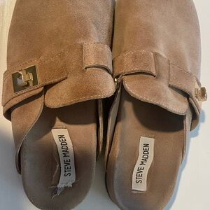 Steve Madden Brown Suede Mule Clogs with Gold Buckle